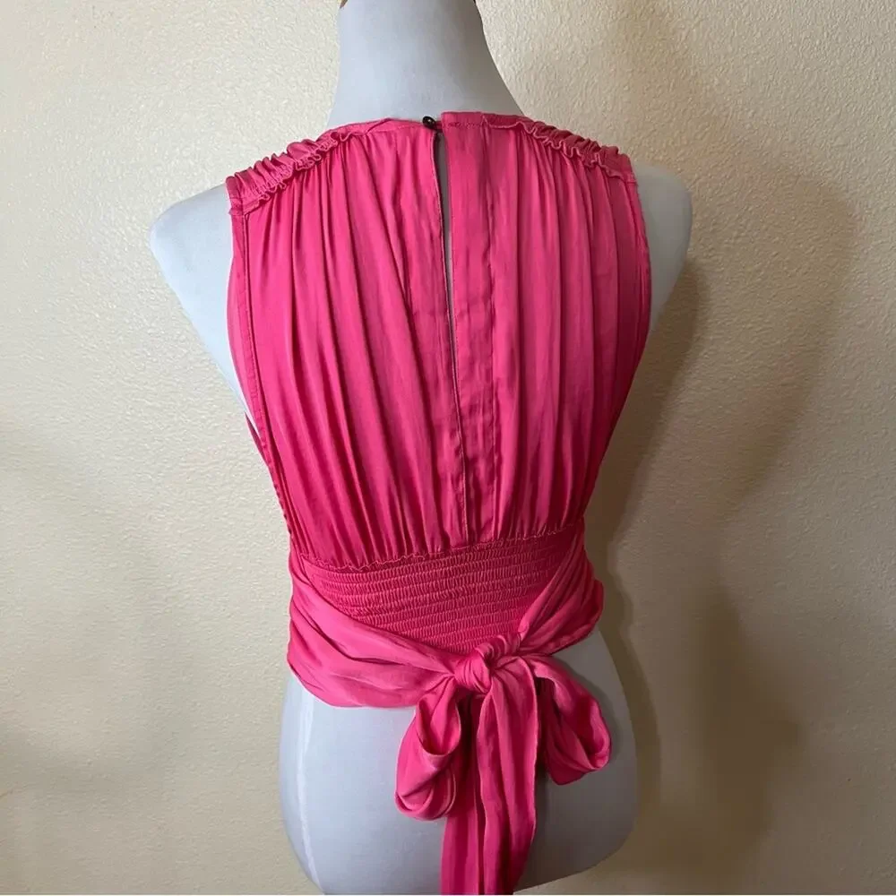 Free People FP Hot Pink Deep V-neck Satin Wrap Tie Waist Crop Top Size XS